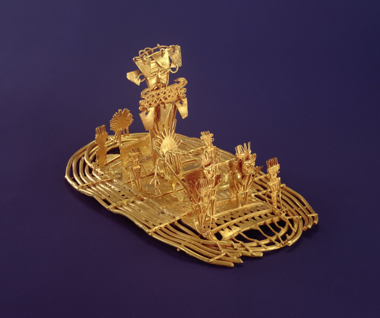 En Muisca-votivfigur (Tunjo), der forestiller El Dorado-ceremonien (kobber og guldlegering) af Pre Columbian