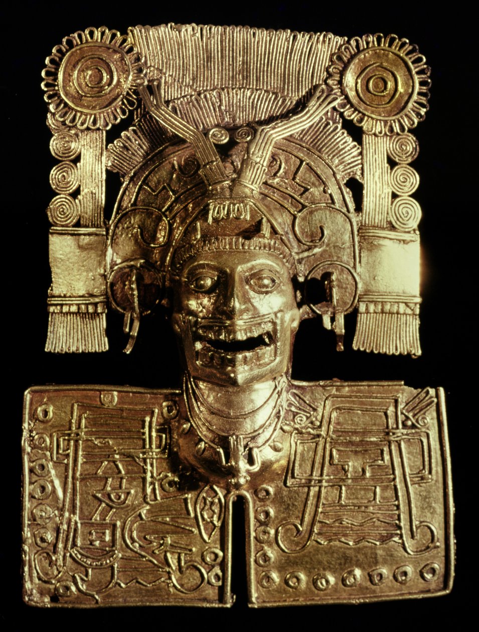 Brystplade, der repræsenterer dødsguden, Mictlantecuhtli, fra grav 7, Monte Alban, Mixtec, ca. 1300-1450 (guld) af Pre Columbian