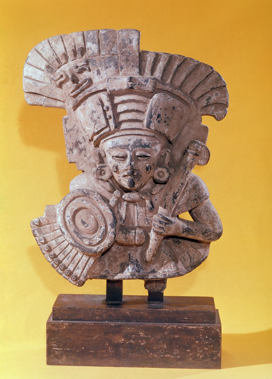 Figur af en kriger i paradedragt, zapotec (terracotta) af Pre Columbian