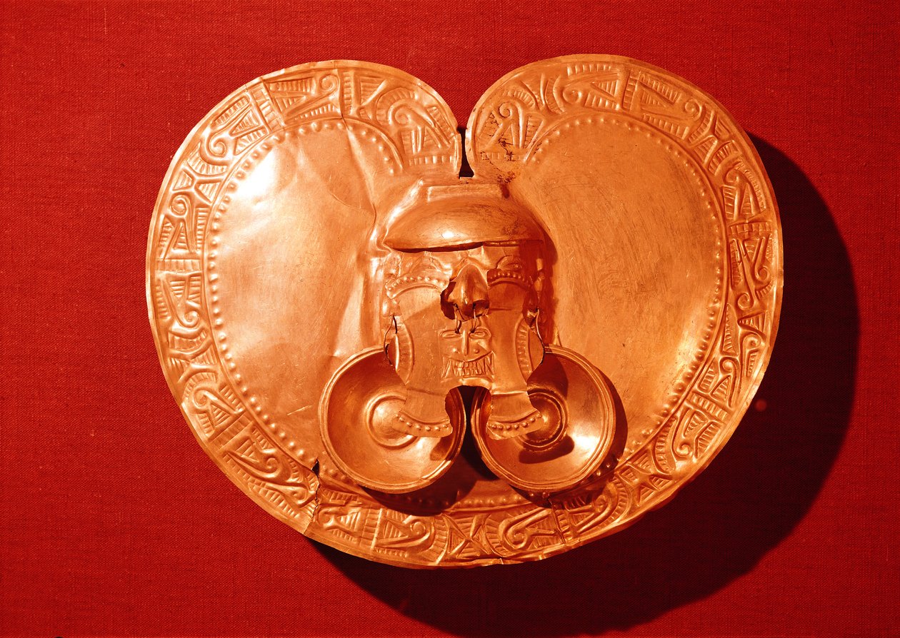Pectoral med et menneskeligt ansigt, fra Campohermosa, Tolima, tidlig Calima-stil, 6.-5. århundrede f.Kr. (guld) af Pre Columbian