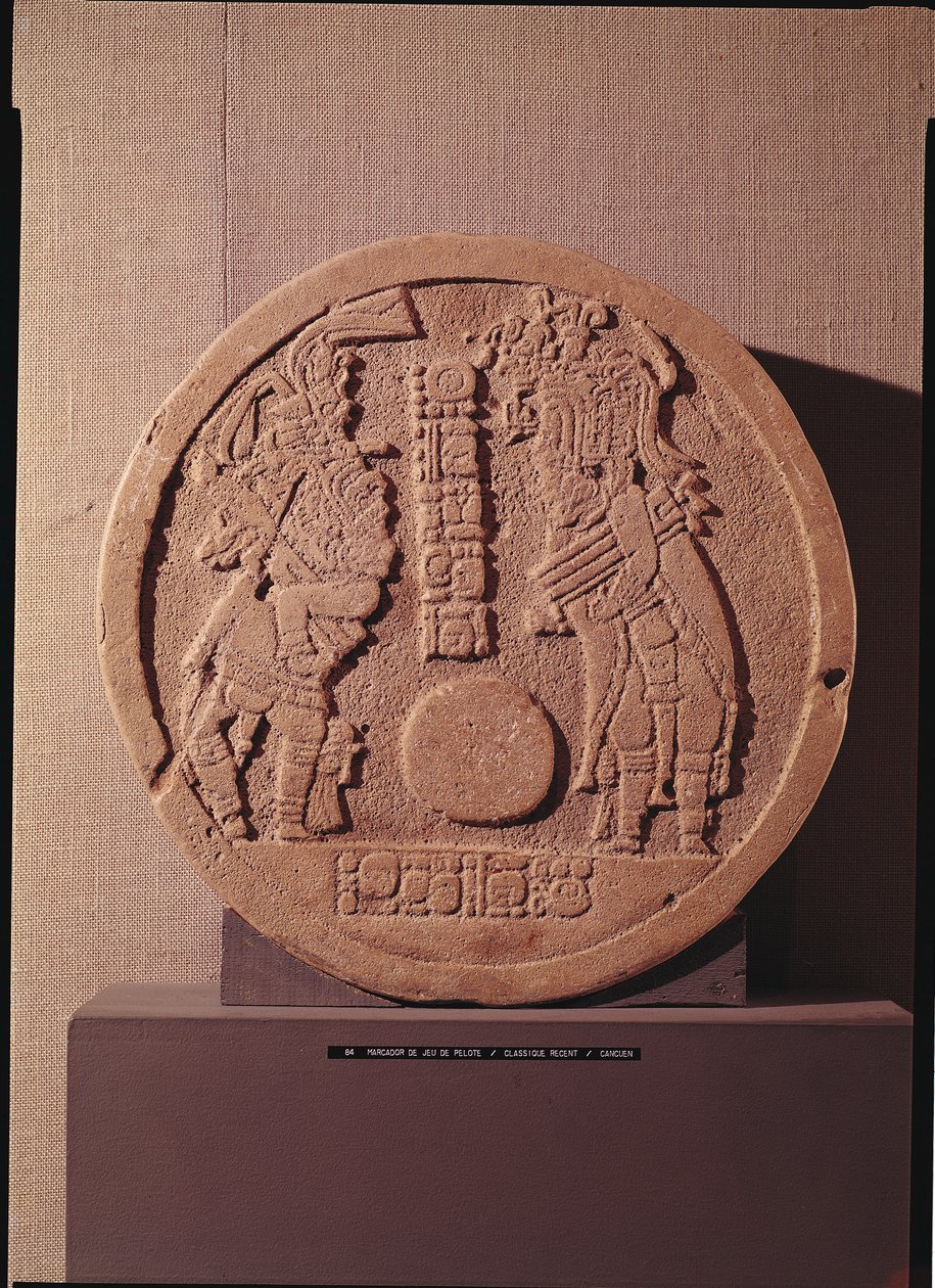 Pelotemarkør, der viser to spillere, Mayan, fra Guatemala, 600-950 af Pre Columbian