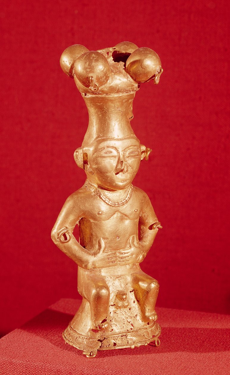 Quimbaya container i form af en siddende mand, fra Colombia (guld) af Pre Columbian