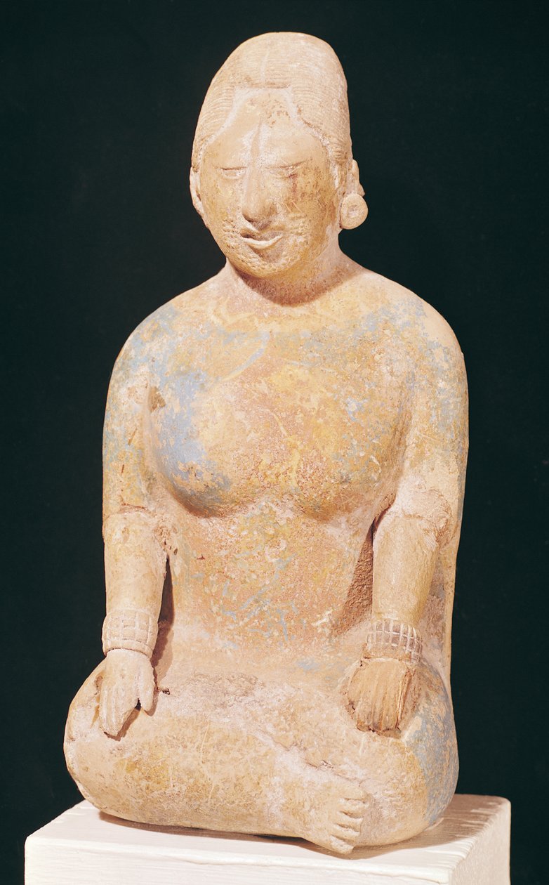 Statue af en siddende kvinde, fra kirkegården på Isle of Jaina, Campeche State, 7.-10. århundrede (polykrom sten) af Pre Columbian