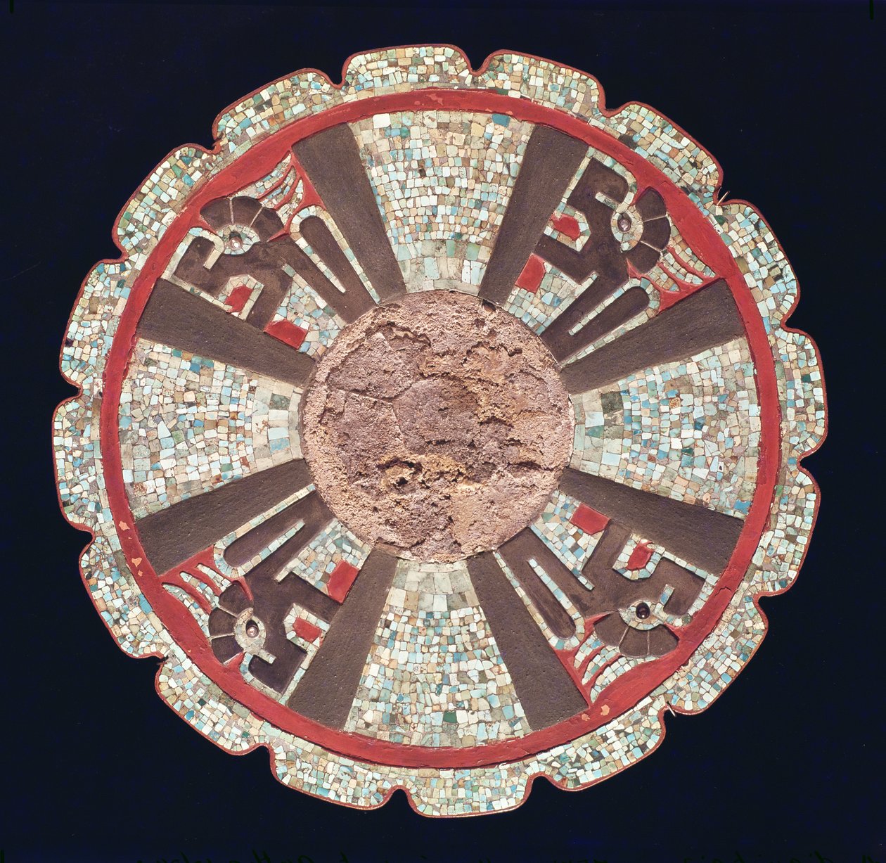 Teotezcacuitiapili, bæltespænde båret af dignitærer, der forestiller de fire ildslanger, fra El Castillo, Chitchen Itza, Yucatan State, 987-1185 (mosaik) af Pre Columbian