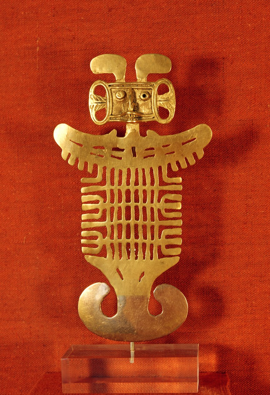 Tolima ornament i form af en fugl med menneskehoved, fra Colombia (guld) af Pre Columbian