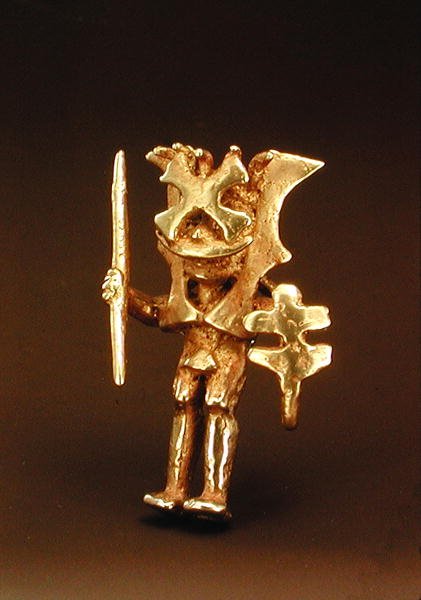 Vedhæng af en maskeret figur fra Cauca-dalen, Colombia (guld) af Pre Columbian Pre Columbian
