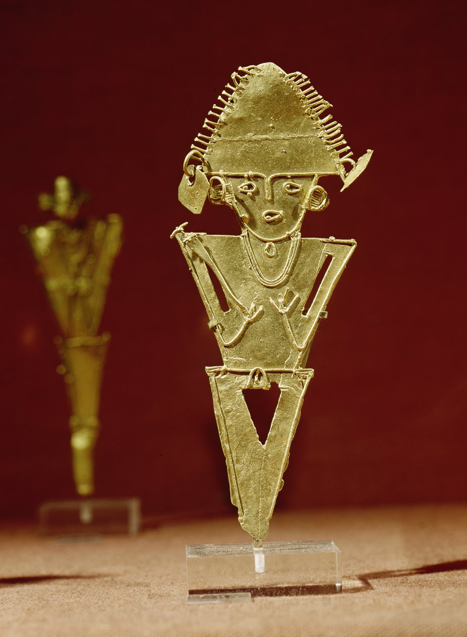 Antropomorf figur af en kriger, fra Tabio, Cundinamarca, Muisca Culture, 1100-1500 (guld) af Pre Columbian