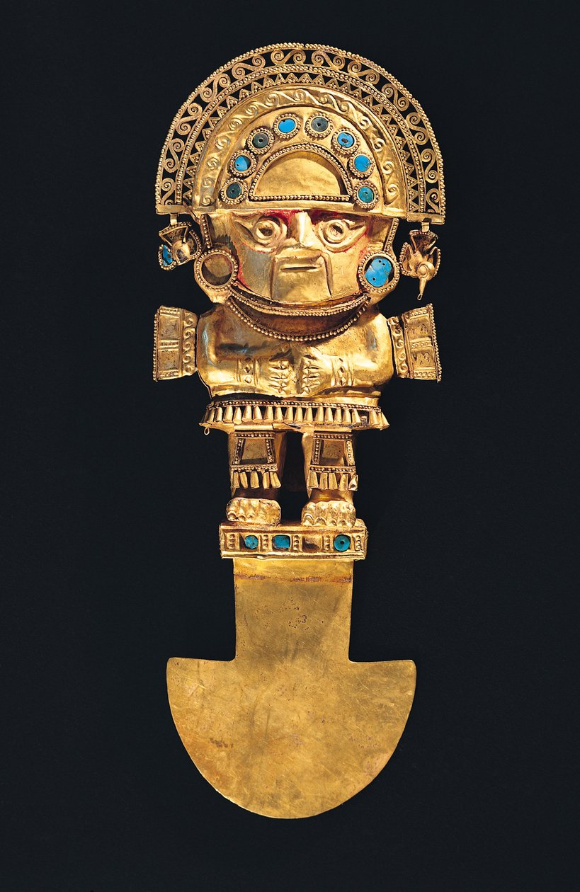 Tumi eller ceremoniel kniv i form af Naylamp, Chimu (guld og halvædelsten) af Pre Columbian