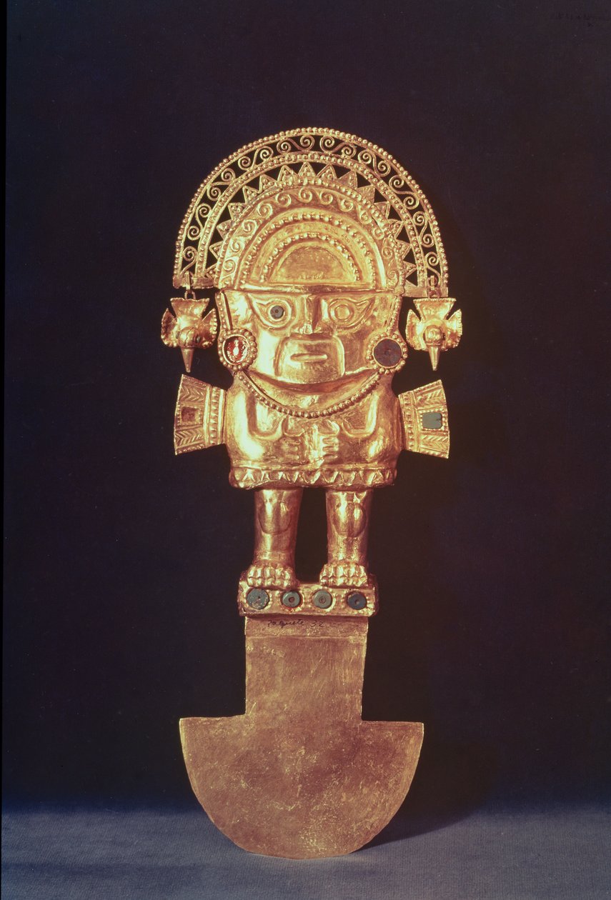 Tumi eller ceremoniekniv i form af Naylamp, Chimu (guld og halvædelsten) af Pre Columbian