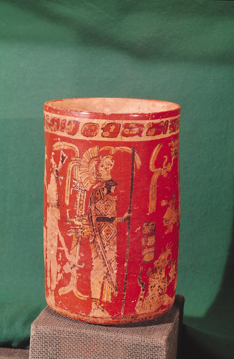 Vase, der forestiller en ceremoniel scene, Tepeu 1 Periode, fra Uaxuctun, 600-950 (polykrom sten) (se også 201516) af Pre Columbian