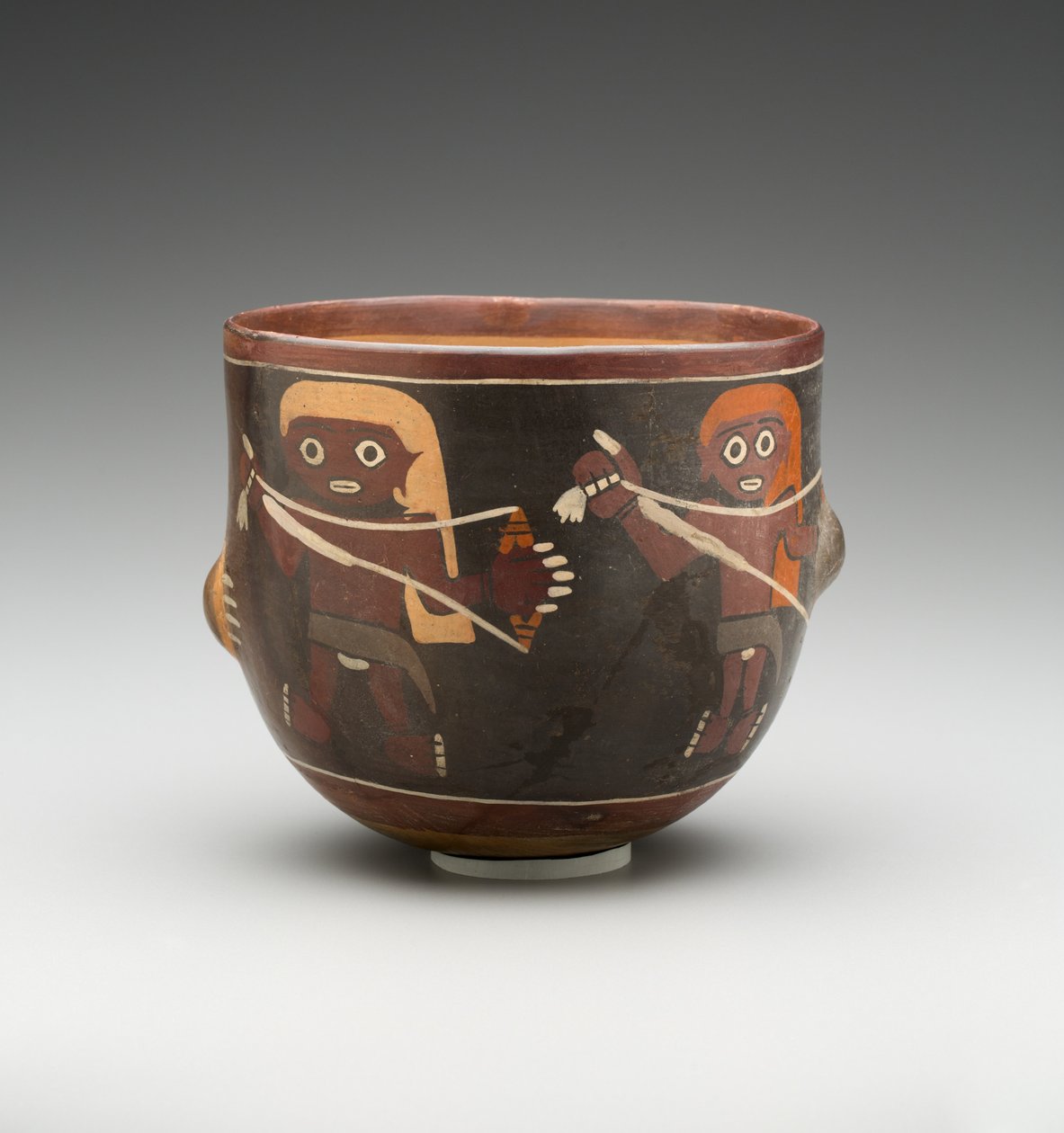 Skål dekoreret med Men Spinning (malet terracotta) af Pre Columbian Pre Columbian
