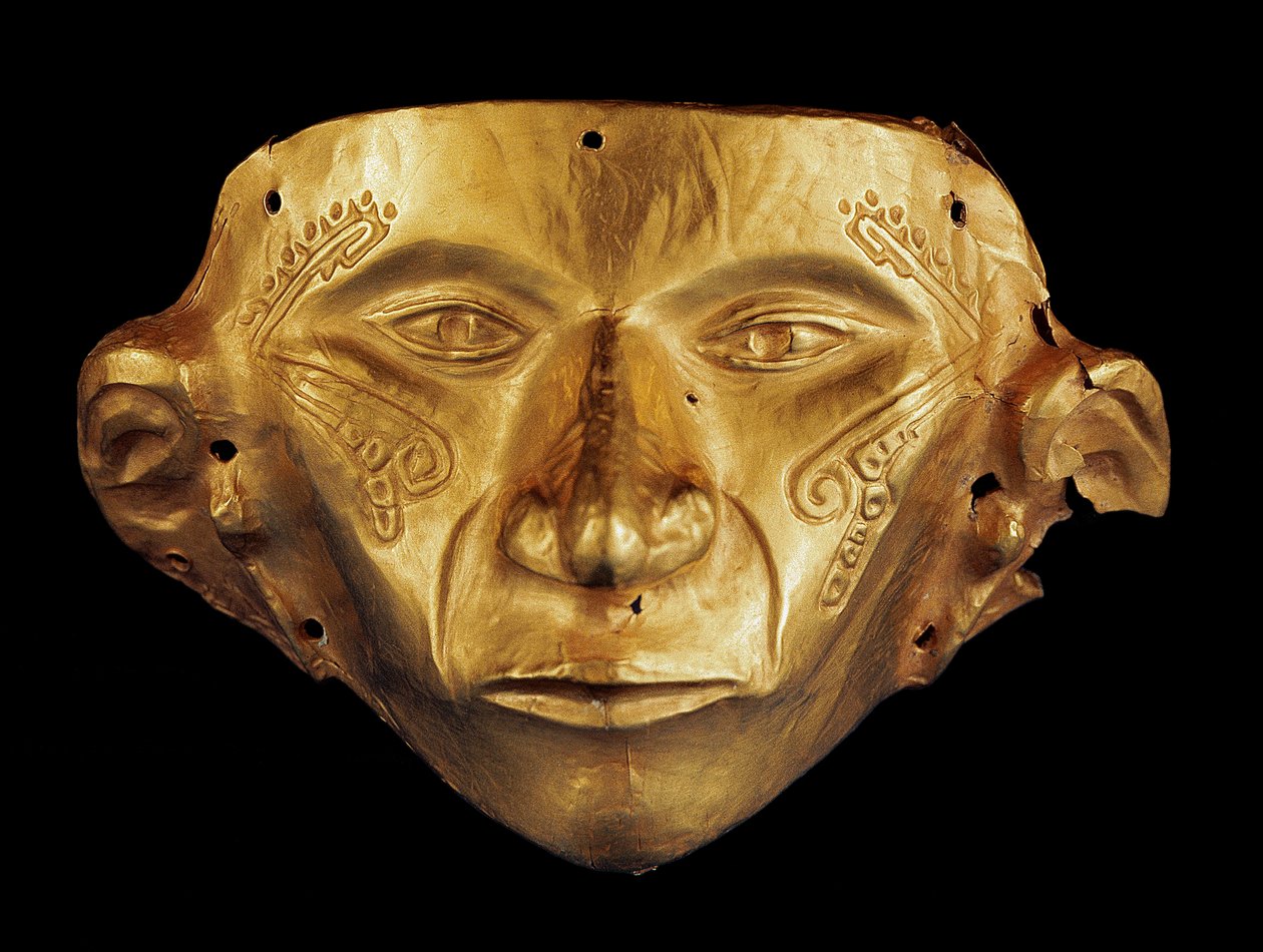 Præ-colombiansk maske fra den arkæologiske park Tierradentro, Alto de San Andres i Colombia (guld) af Pre Columbian Pre Columbian