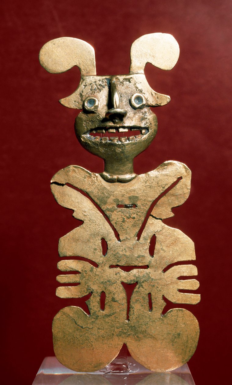 Præcolumbiansk kunst, Quimbaya civilisation (Colombia): antropomorf statuette i guld. 400-1400 e.Kr. Bogota, Guldmuseum, Colombia af Pre Columbian Pre Columbian