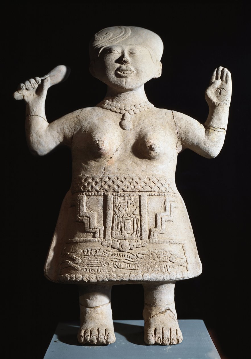 Før colombiansk kunst, Totonac-civilisation: statuette af prætress-arme i luften 6.-9. århundrede efter JC Fra El Tajin (sten) af Pre Columbian Pre Columbian