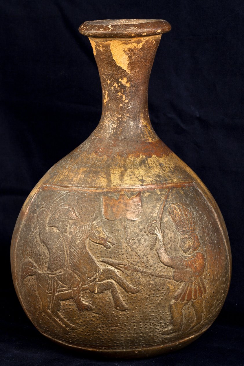 Flaske, der forestiller en kamp mellem en rytter og en kriger til fods (terrakotta) af Precolombian Precolombian