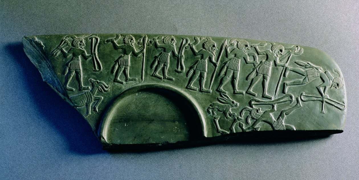 Fragment af en palet med en jagtscene, fra Abydos, ca. 3300-3100 f.Kr. (gråvægt) af Predynastic Period Egyptian