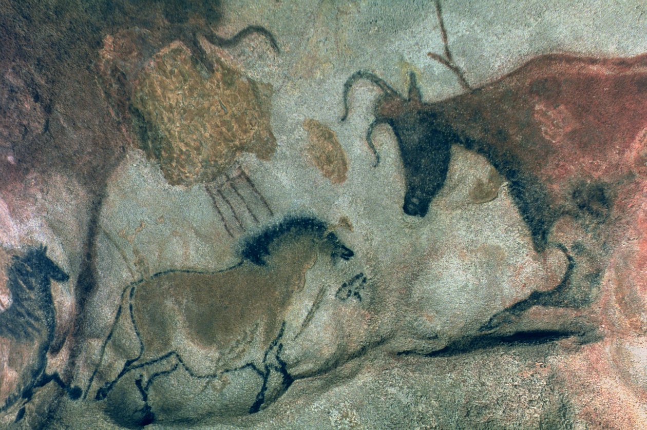 Klippemaleri, der viser en hest og en ko, ca. 17000 f.Kr. (hulemaleri) af Prehistoric