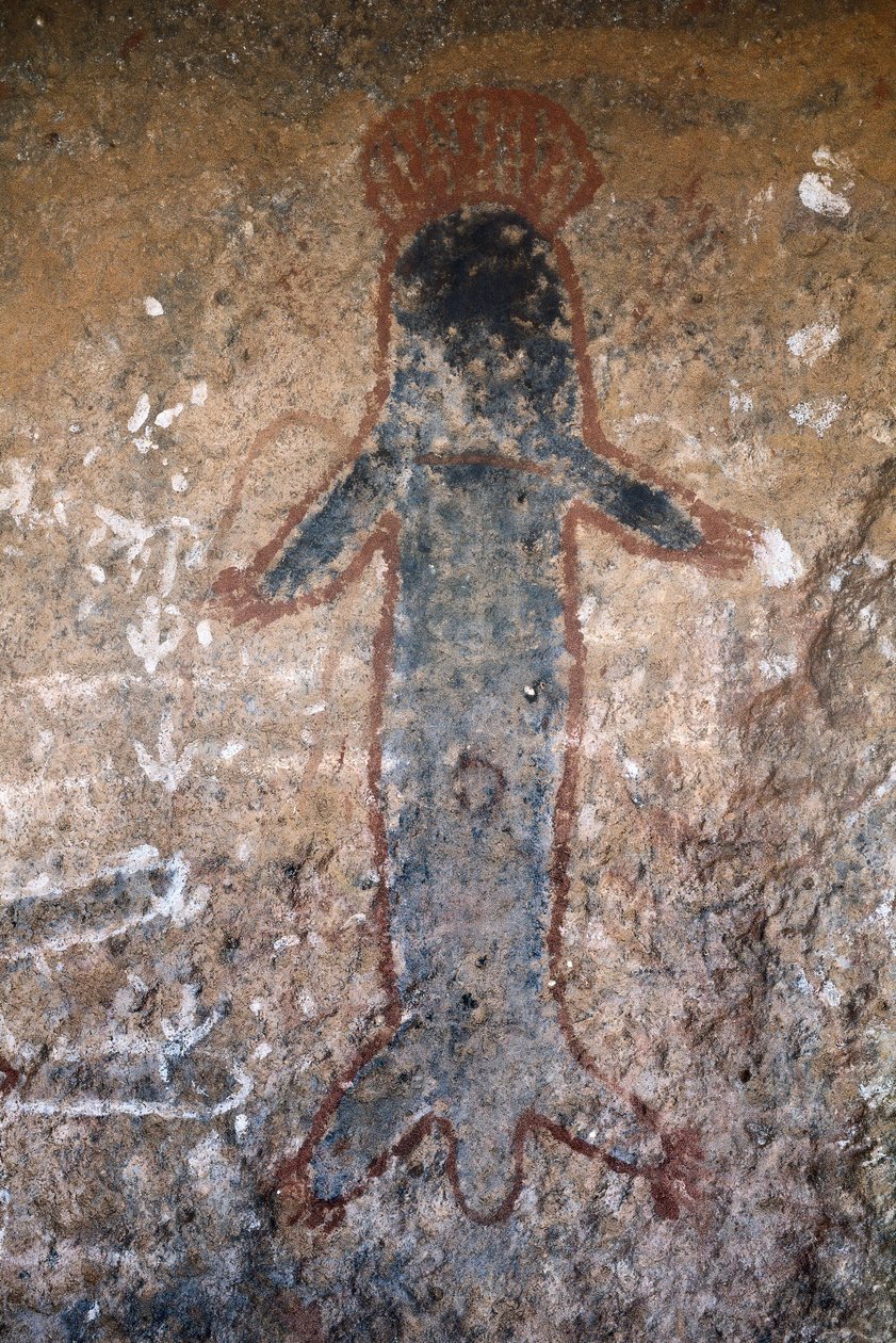 Aboriginal klippemaleri, kvindefigur (tiliqua?), i Uluru (eller Ayers Rock), i Northern Territory, i det centrale Australien (maleri) af Prehistoric Prehistoric