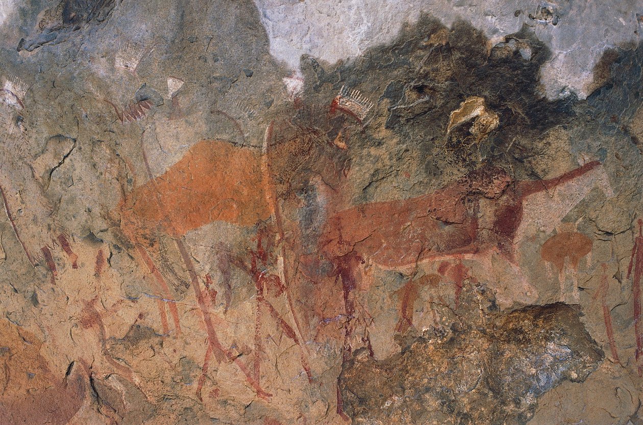Menneske- og dyrefigurer, bushmener eller san hulemalerier, Maloti-Drakensberg Park (Unescos verdensarvsliste, 2000), Lesotho af Prehistoric Prehistoric