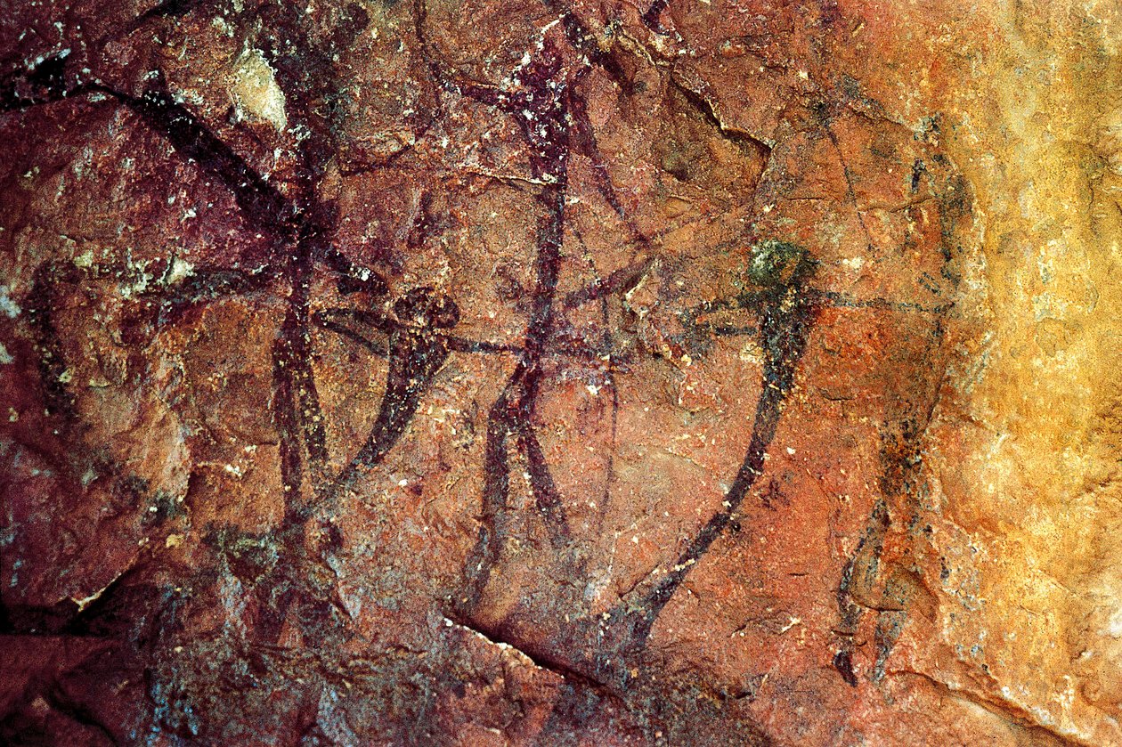Menneskelige figurer med sløjfer, Cueva del Civil, Tirig, Barranc de la Valltorta, Valencia, Spanien (maleri) af Prehistoric Prehistoric