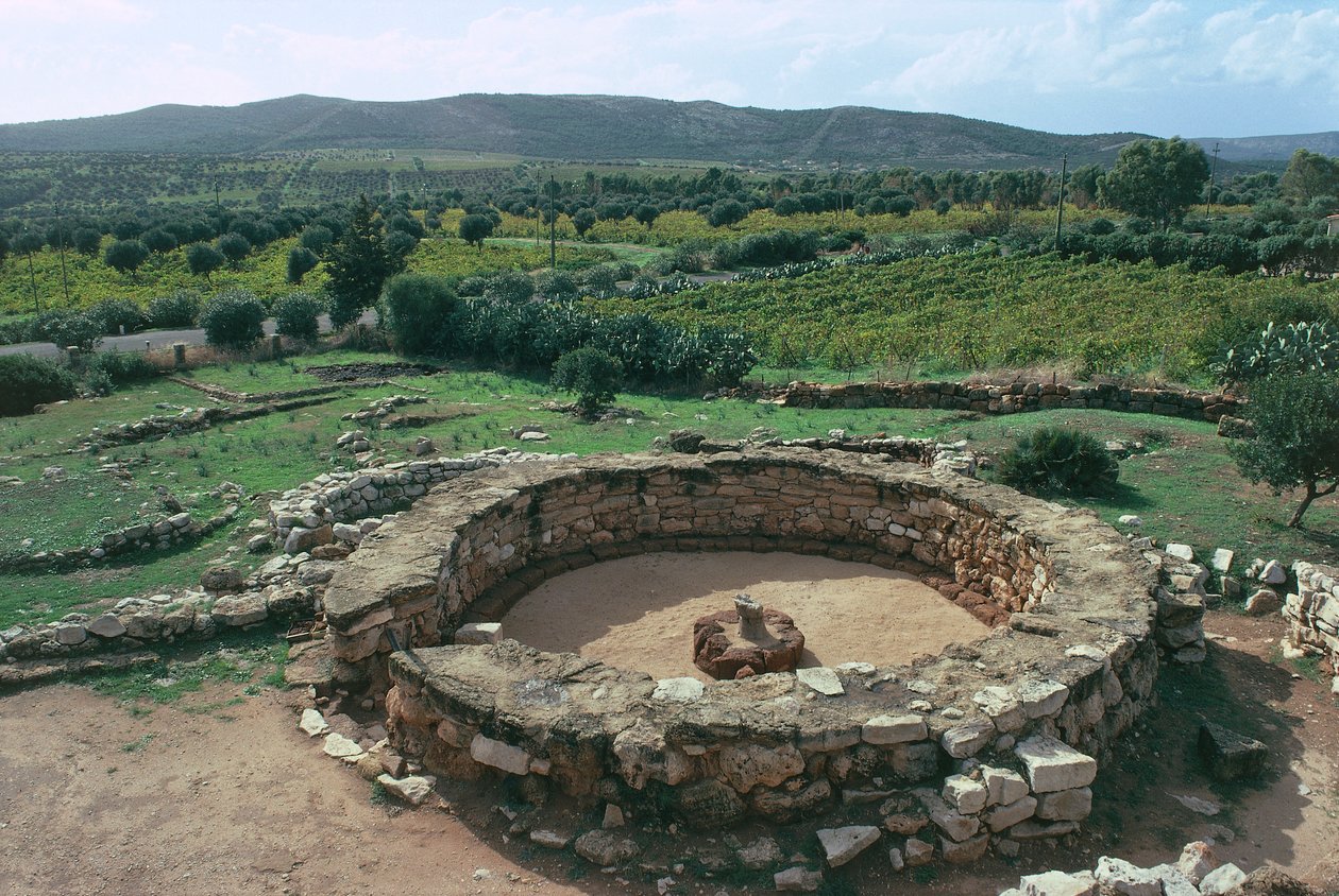 Italien, Sardinien-regionen, Alghero, Sassari-provinsen, Nuragic kompleks Palmavera, ruiner af mødehytte af Prehistoric Prehistoric