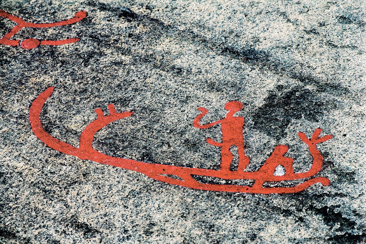 Helleristninger fra Tanoum, der repræsenterer en mand på en båd, Rock of Litsleby, Sverige (indgraveret sten) af Prehistoric Prehistoric