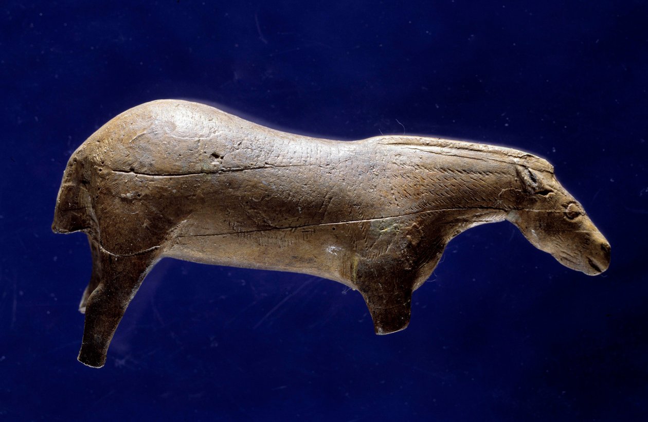 Forhistorisk kunst (Mellemmagdalensk): skulptur i en omgang hest i elfenbensmammut fra Espelugues-grotten (Hautes-Pyrénées) Dim. 0,073x0,035x0,017 m. Saint Germain en Laye, Museum of National Archaeology af Prehistoric Prehistoric