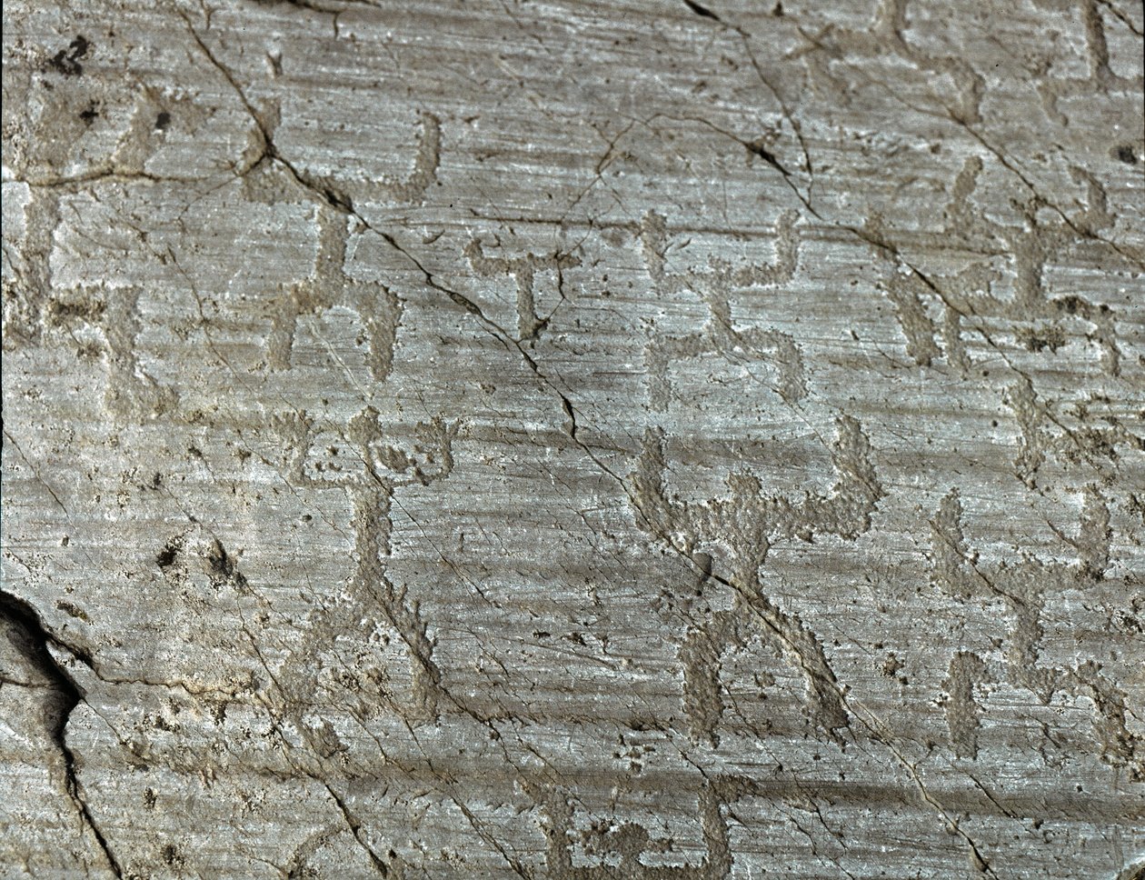 Forhistorie, Camunni-civilisation, klippekunst: en gravsten af stiliserede gengivelser af karakterer kendt som "oranterne"" med arme strakt mod himlen. Periode mellem yngre stenalder og bronzealder. Roche n. 50. Naquane (Brescia) Capo di Ponte, Pa af Prehistoric Prehistoric