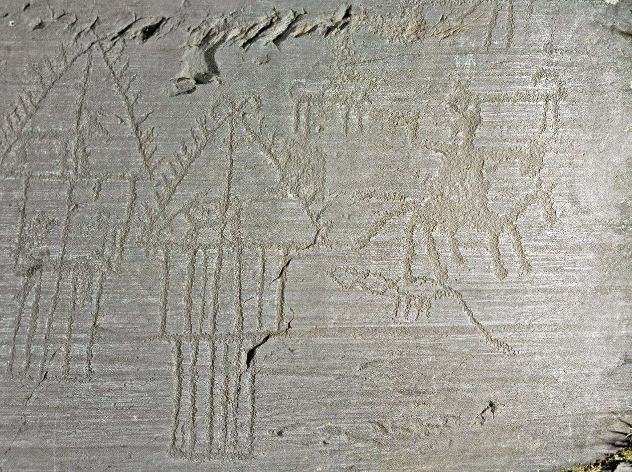 Forhistorie, Camunni civilisation, klippekunst: gravsten af scener fra hverdagslivet i en landsby, hytte på pæle, søhuse, hunde, fugle, hjorte og mennesker til hest. Periode mellem yngre stenalder og bronzealder. Roche. 35 Capo di Ponte, Parco nazionale de af Prehistoric Prehistoric