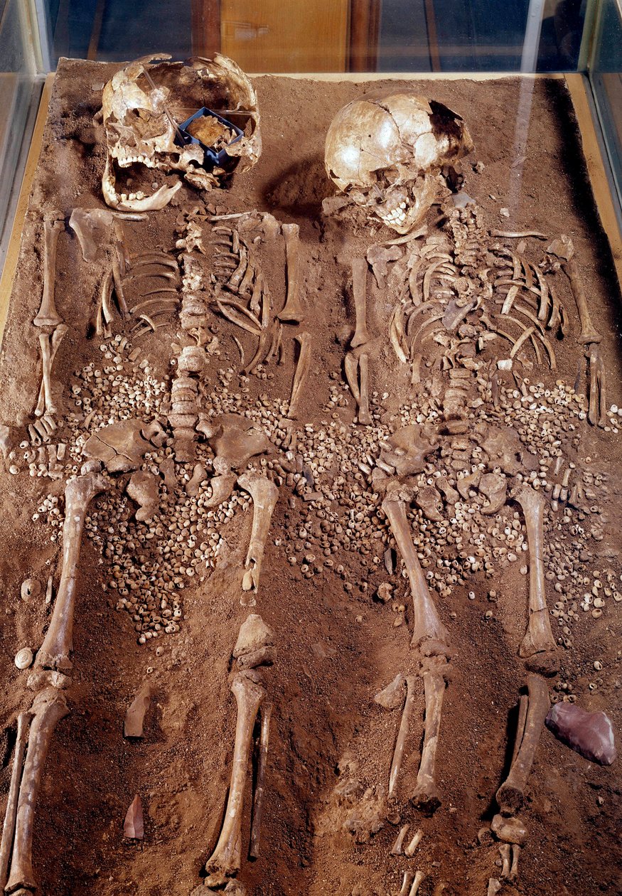 Forhistorie: Skeletter af to børn. 30000-25000 f.Kr. Fra Grimaldi-hulen. Saint Germain en Laye, Museum of National Archaeology af Prehistoric Prehistoric