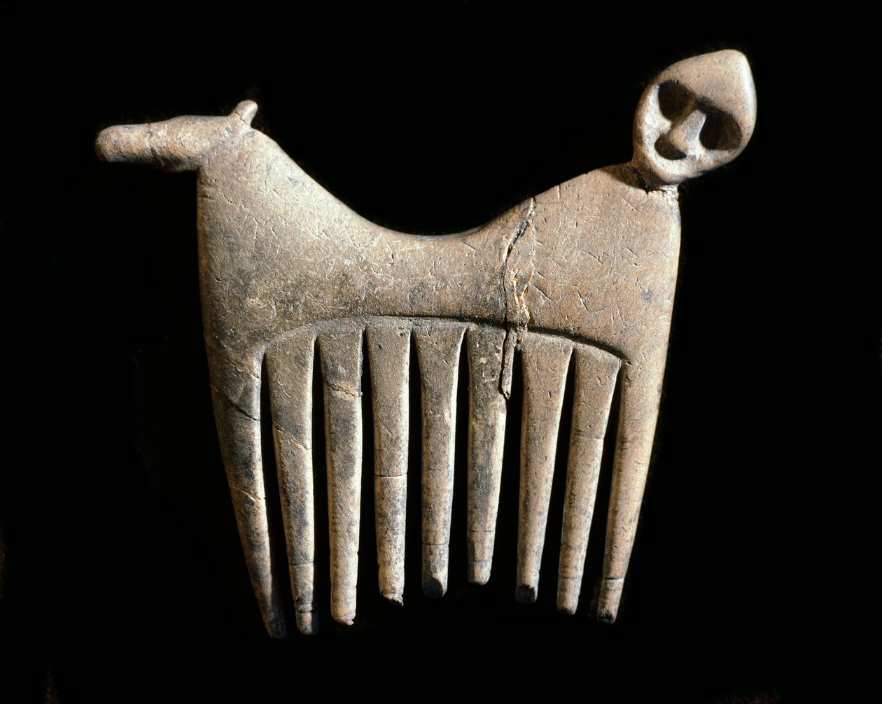 Forhistorie: knoglekam med et hoved af mand og hest fra øen Gotland. Stenalderen. Svenska Nationalantikvariemuseet, Stockholm, Sverige af Prehistoric Prehistoric