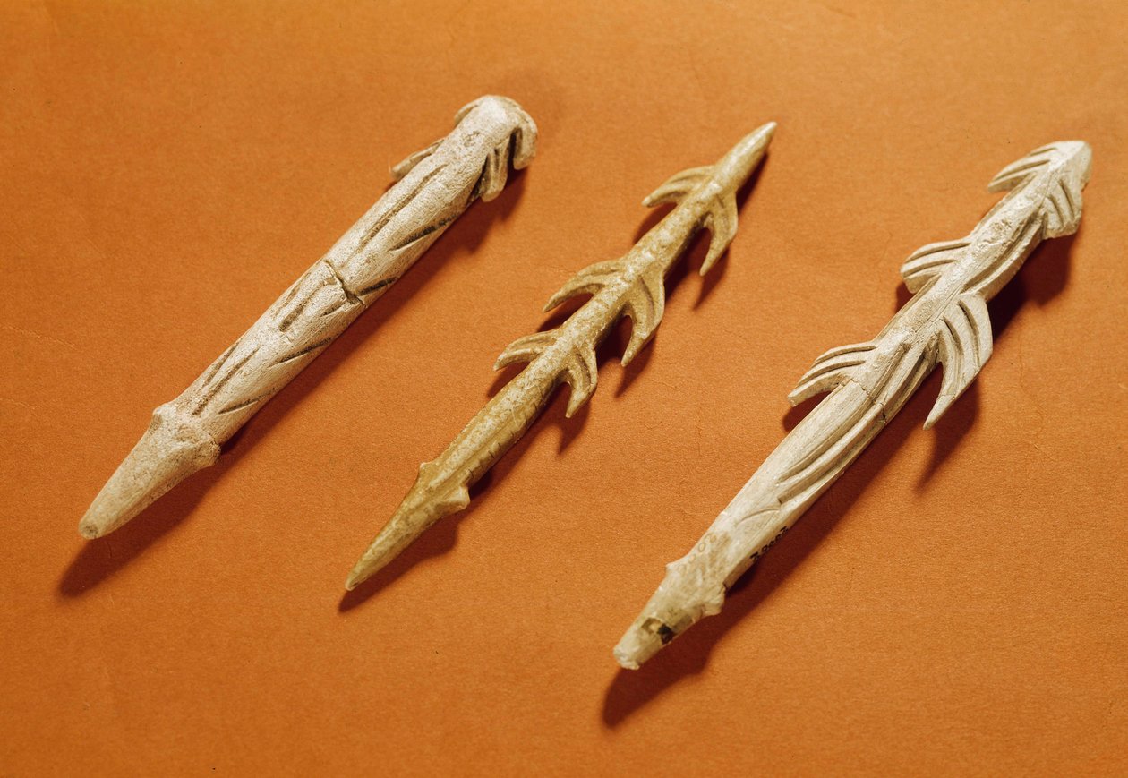 Forhistorie: rensdyrharpuner brugt til fiskeri. Realiseret under den magdalenske periode. 17000-11000 f.Kr. Saint Germain en Laye, Museum of National Archaeology af Prehistoric Prehistoric