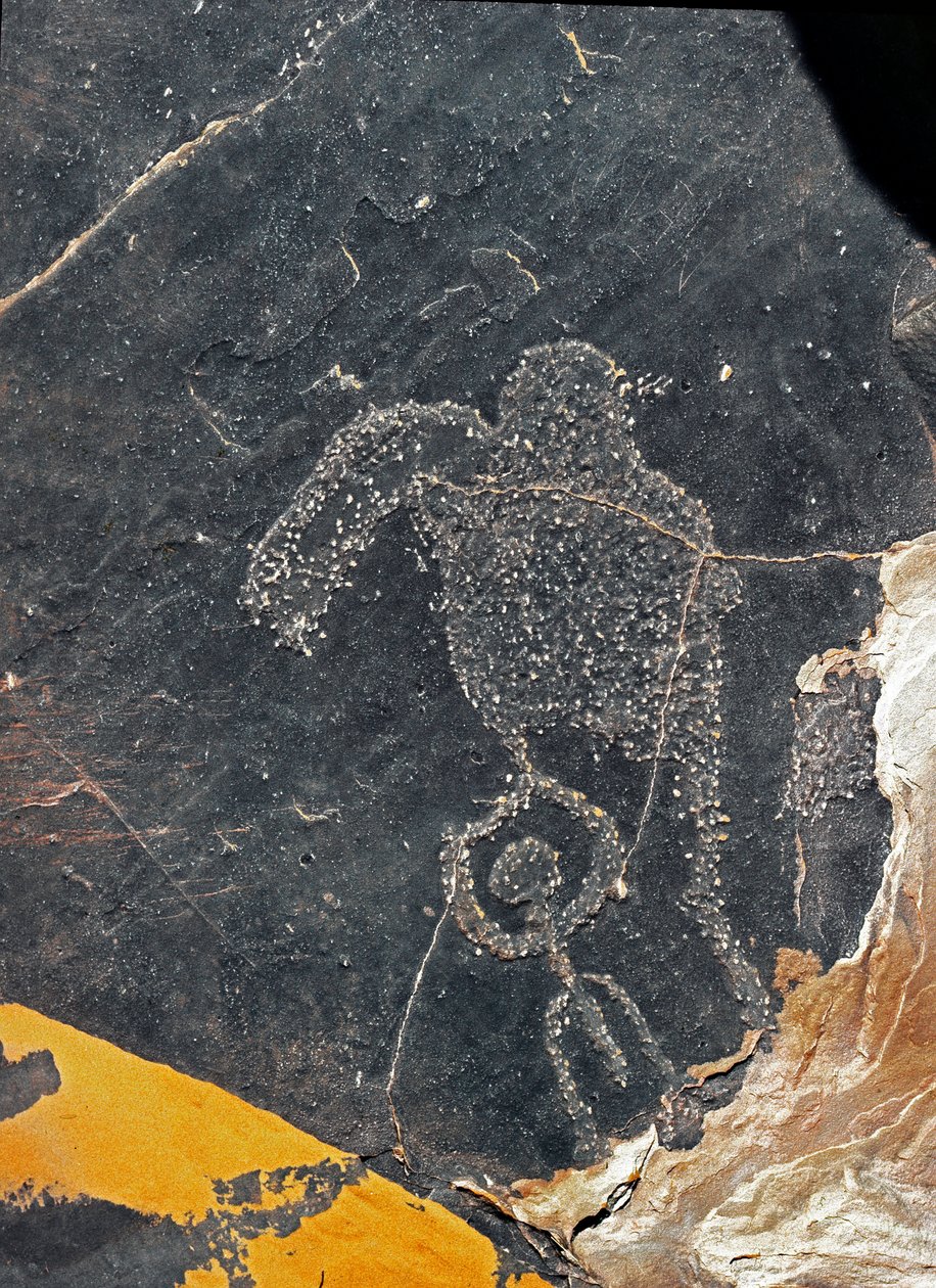 Forhistorie, klippekunst: en gravklippe af en menneskeskikkelse. Stenalder 5000-2000 f.Kr. Taghit, Haut plateau du Hoggar (Ahaggar), Algeriet af Prehistoric Prehistoric