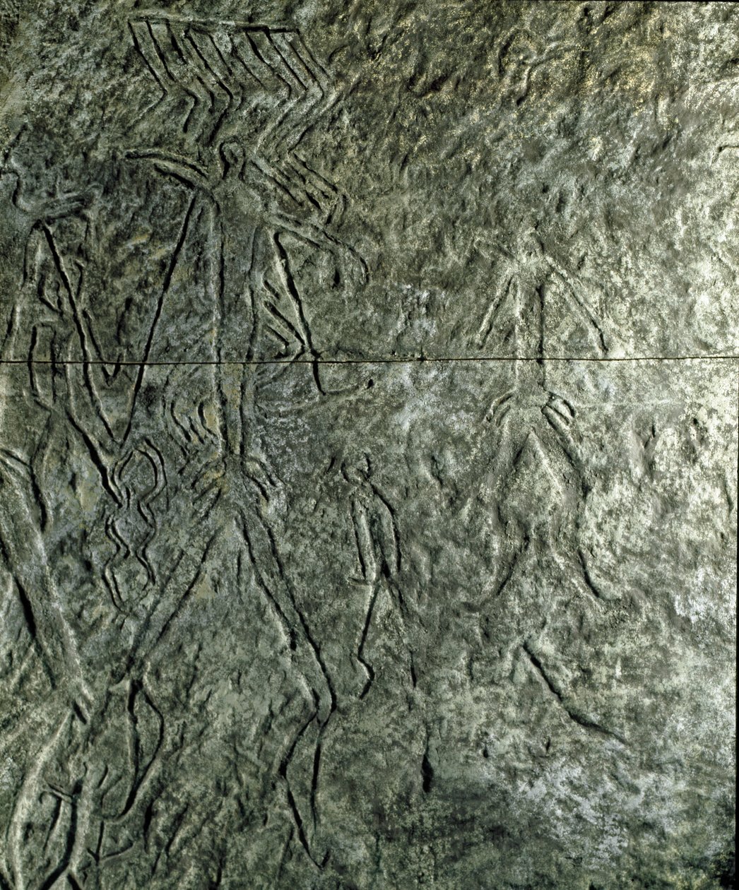 Forhistorie, klippekunst: helleristning (graffiti på sten) af menneskelige figurer. neolitikum, stenalder. (Aserbajdsjan) Bronzealder. Baku, Aserbajdsjans statsreligionshistoriske museum af Prehistoric Prehistoric