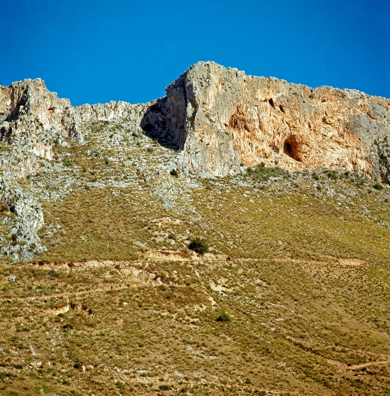 Forhistorie: Kreta Monte Palmeto med en hule fra den palæolitiske periode. Monte Palmeto, Palermo (Palermo), Italien af Prehistoric Prehistoric