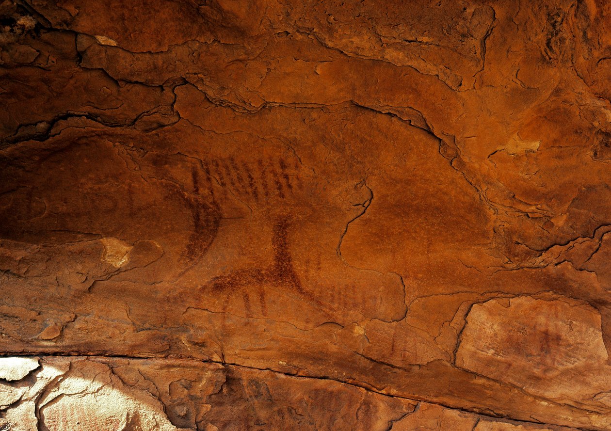 Forhistorie: vægmaleri. Stenalder 5000-2000 f.Kr. Taghit, Hoggar Highland (Ahaggar), Algeriet af Prehistoric Prehistoric