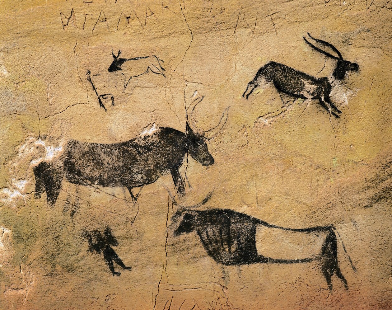 Rock Art: Hjortedyr og køer. Fra Spanien, El Cogul, Cave dels Moros. Forhistorie, mesolitikum (fresko) af Prehistoric Prehistoric