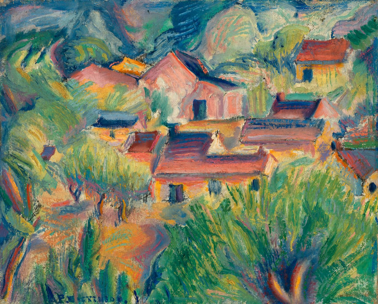 Huse og Landskab, ca. 1918. af Preston Dickinson