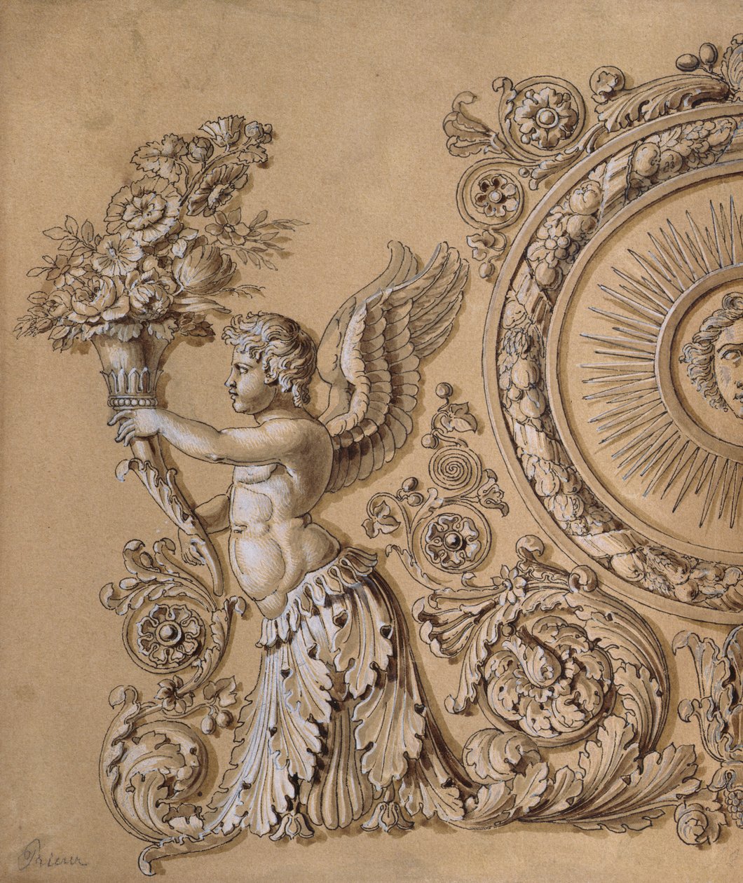 Sølvværksdesign forestillende en kerub med akantusblade, ca. 1800 (pen og blæk og vask forhøjet med hvidt på papir) af Prieur