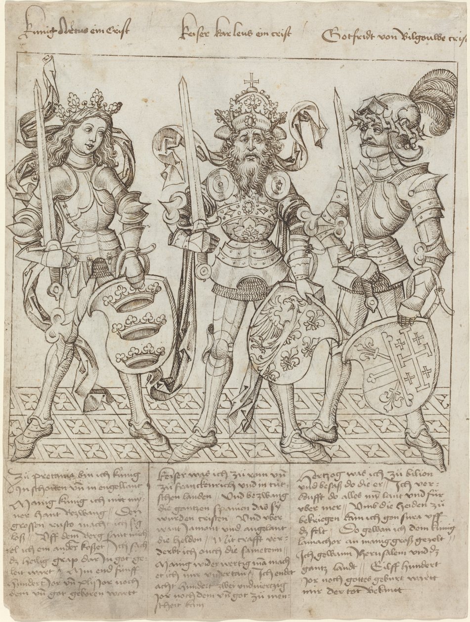 Kong Arthur, Karl den Store og Godfrey af Boulogne af Primary Master of the Strassburg Chronicle