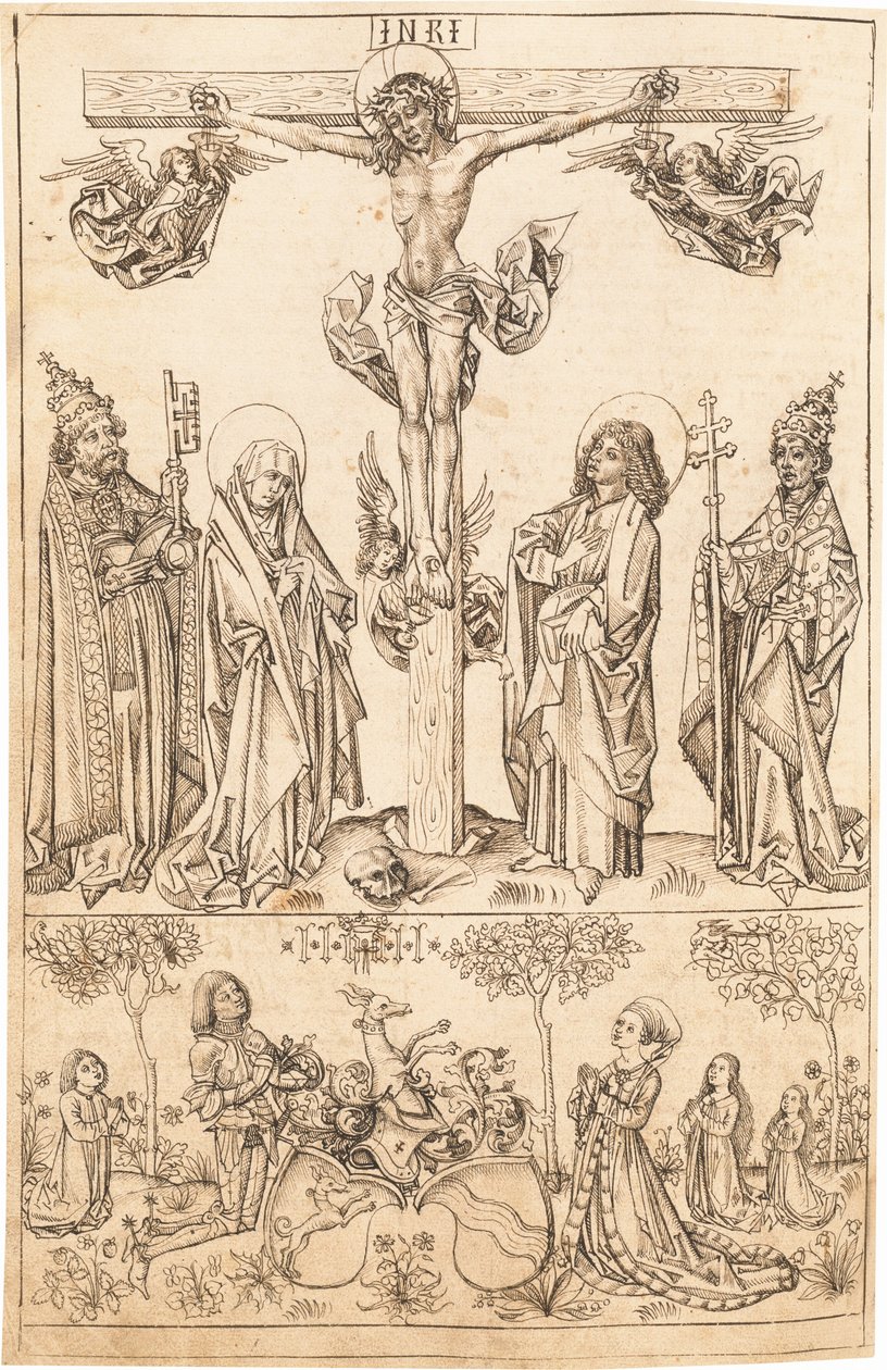 Korsfæstelsen med jomfruen og de hellige og familien Hungerstein af Primary Master of the Strassburg Chronicle