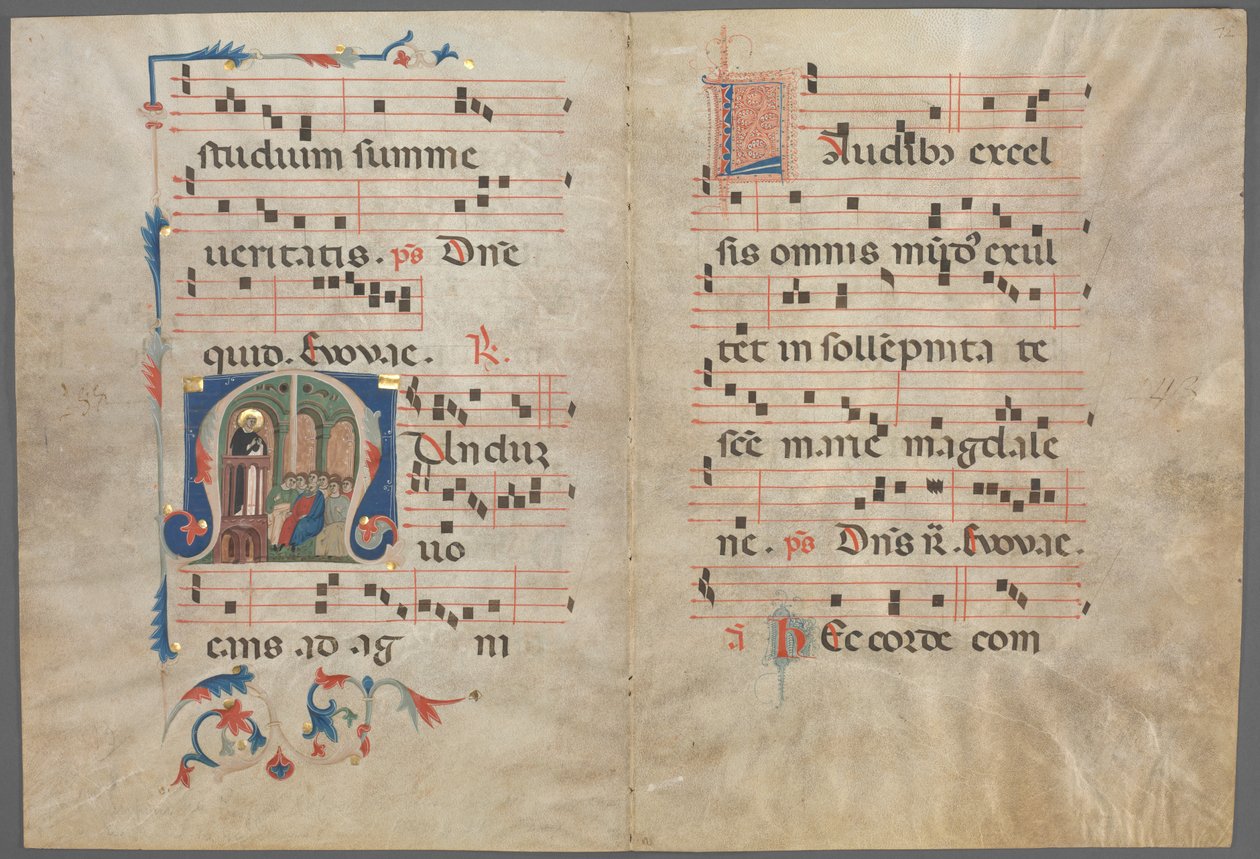Bifolium fra et antifonarium: Initial M med Saint Dominic Preaching af Primo Miniatore di San Domenico