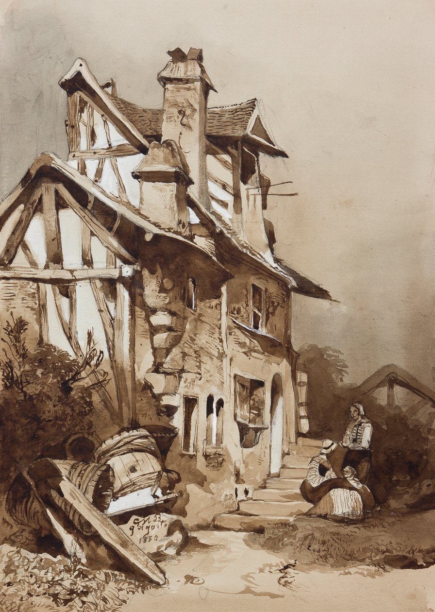 En malerisk nordfransk hytte med tilføjelser af en instruktør, blyant fra 1854, sepia-vaske og gouache på papir af Prince Gaetano Maria Federico di Borbone