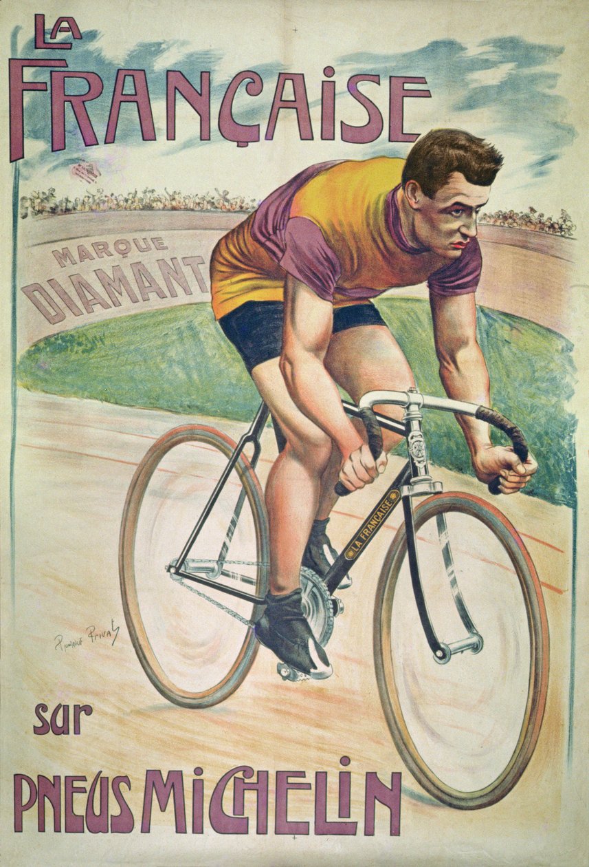 Plakat med reklame for cykler "La Francaise" på Michelin-dæk af Privat Livemont