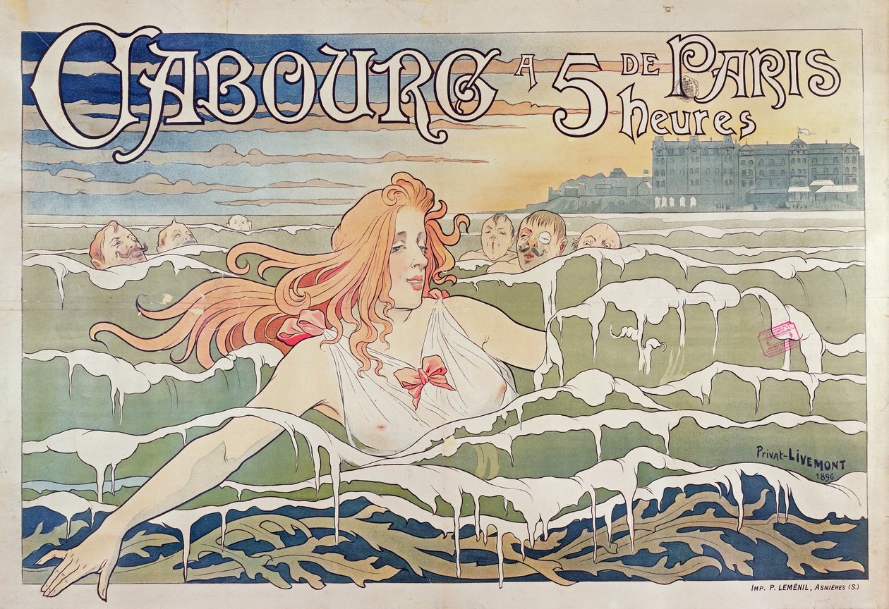 Plakat lavet til de franske jernbaner, der reklamerer for, at det er nemt at nå Cabourg på Normandiets kyst fra Paris, 1896 af Privat Livemont