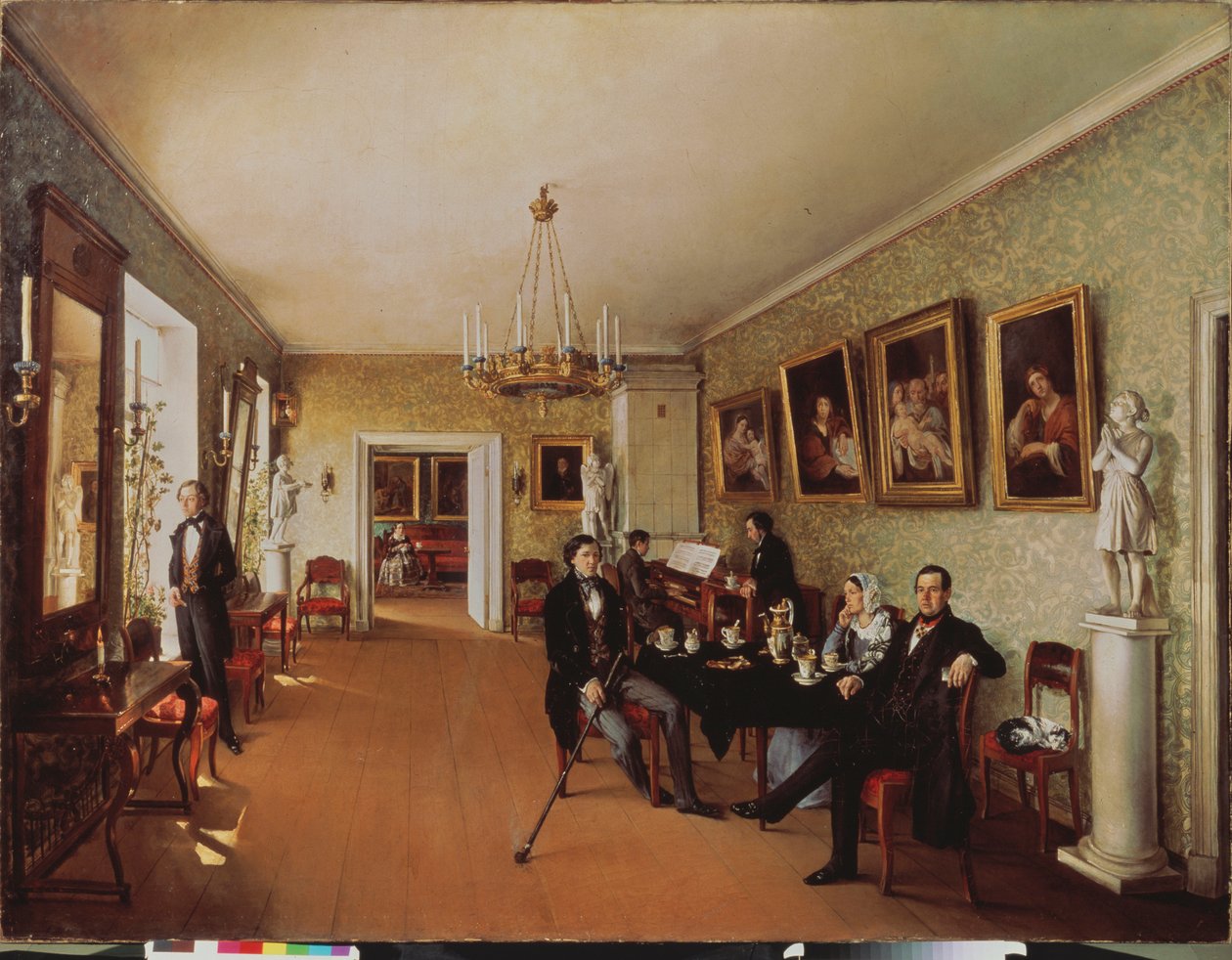 A Family Scene (Daglige aktiviteter ved tetid, nogle spiller klaver, andre lytter, en kvinde i baggrunden syr) - A Family Scene - Maleri af Prokofi Yegorovich Pushkaryev (Pushkaryev) (?-efter 1856), h af Prokophy Egorovich Pushkaryev