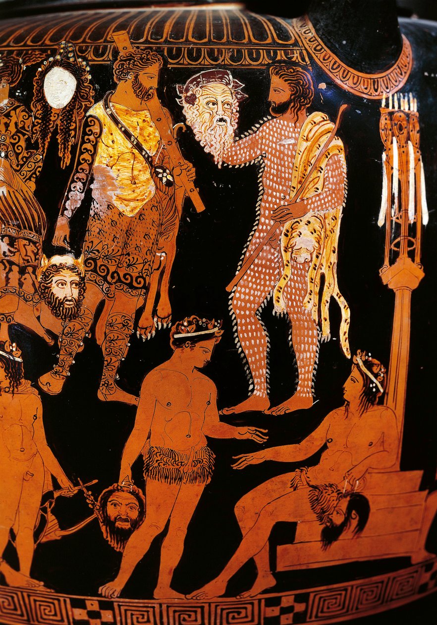 Vase af Pronomos, krater med røde figurer. Detalje, der skildrer Hercules (Heracles), forberedelserne til et satyrisk drama i nærværelse af Dionysus og Ariane, karaktererne holder teatermasker. 400 f.Kr. Napoli, Museo Archeologico Nazionale af Promonos Painter