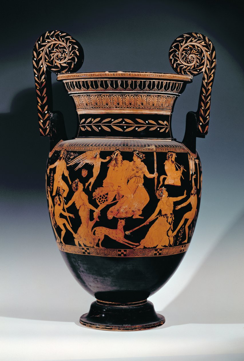 Loftsvolutkrater med rød figur dekoreret med en scene af skuespillere og musikere, der forbereder sig til en forestilling, græsk, fra Ruvo, 5. århundrede f.Kr. (keramik) (se også 119444, 119446-7) af Pronomos Painter