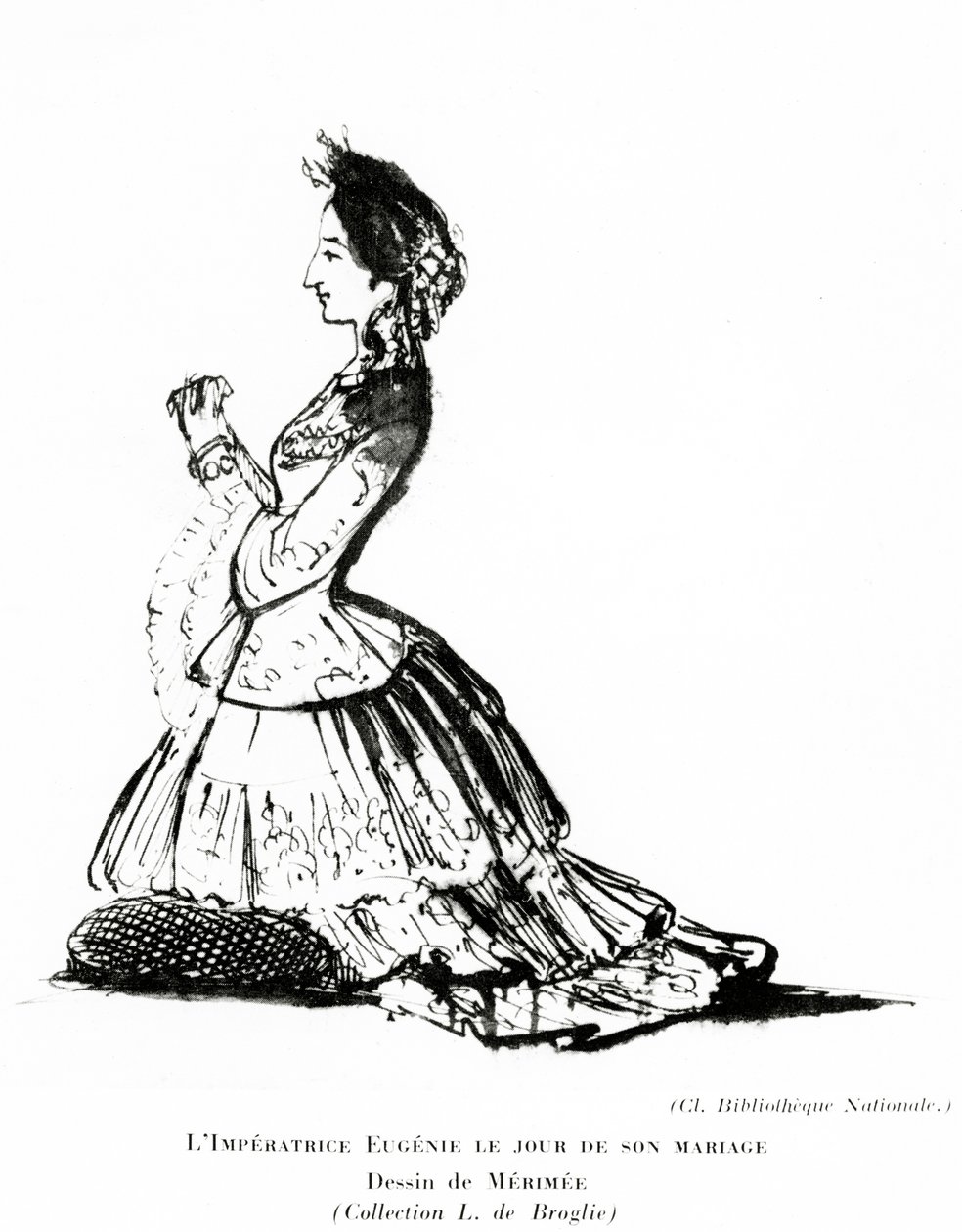 Portræt af kejserinde Eugénie på dagen for hendes ægteskab, 30. januar, 1853 (farveblyant på papir) af Prosper Merimee