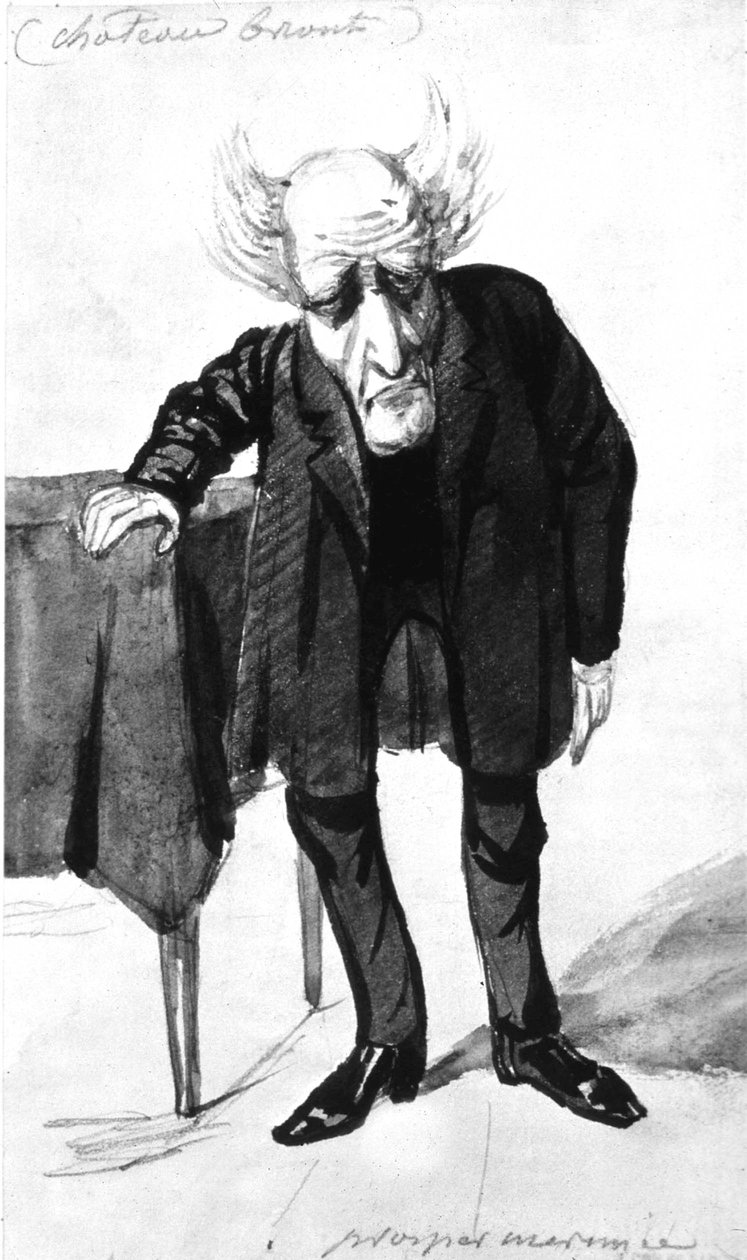 Francois Rene Fransk forfatter, viscount of Chateaubriand (1768-1848) fransk forfatter, tegneserie af Prosper Merimee (gravering) af Prosper Merimee